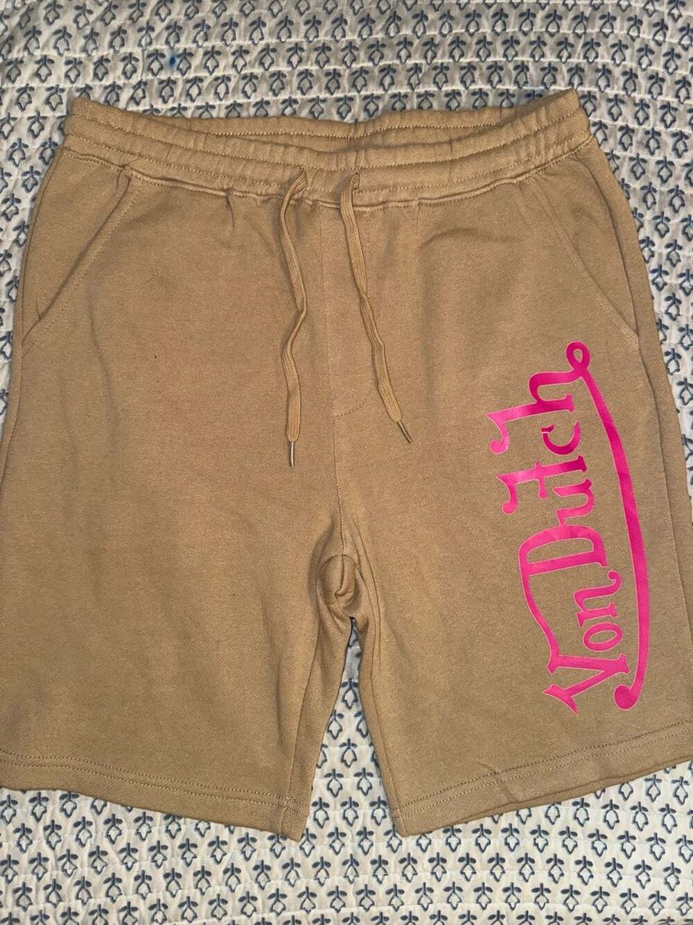 Von Dutch Tan Fleece Drawstring Shorts with Pink Logo Size M